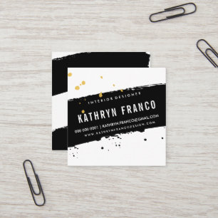 MODERN BRUSH STROKE stylish black gold splatter Square Business Card
