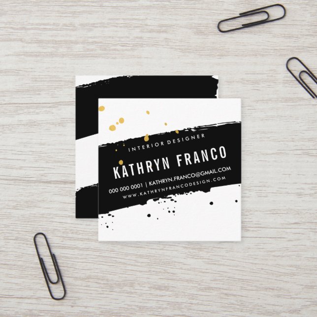 MODERN BRUSH STROKE stylish black gold splatter Square Business Card (Front/Back In Situ)