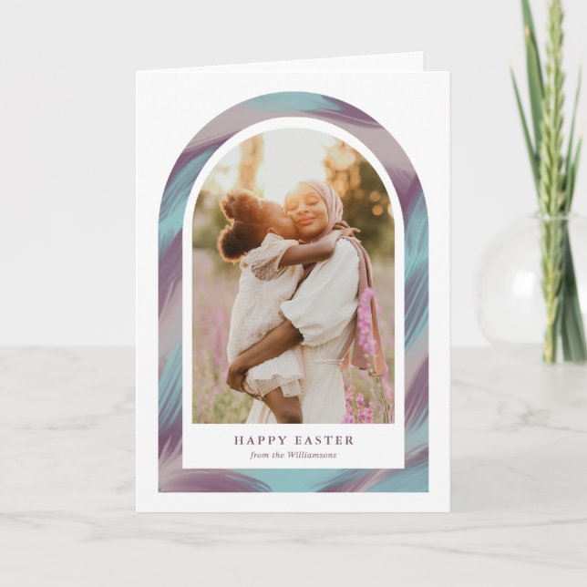 Modern Brush Strokes Arch Easter Photo Holiday Card (Front)
