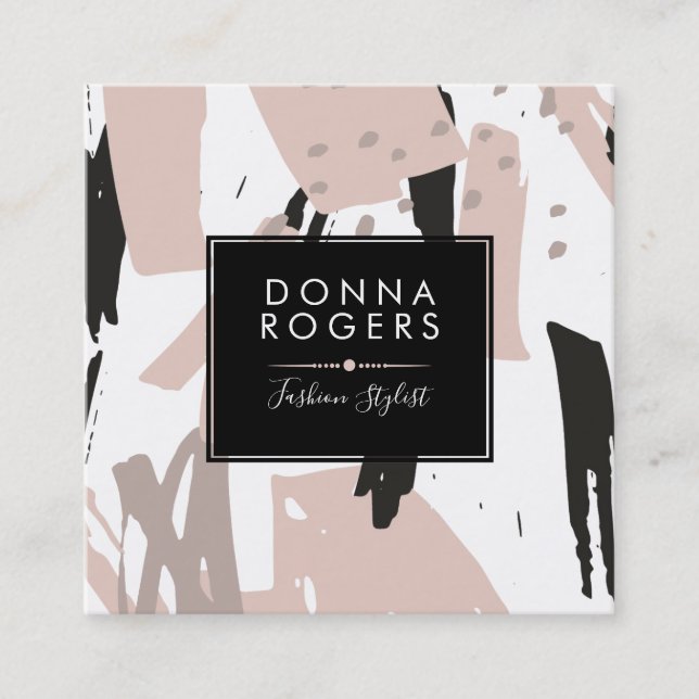 Modern Brush-Strokes Blush & Black Square Business Card (Front)