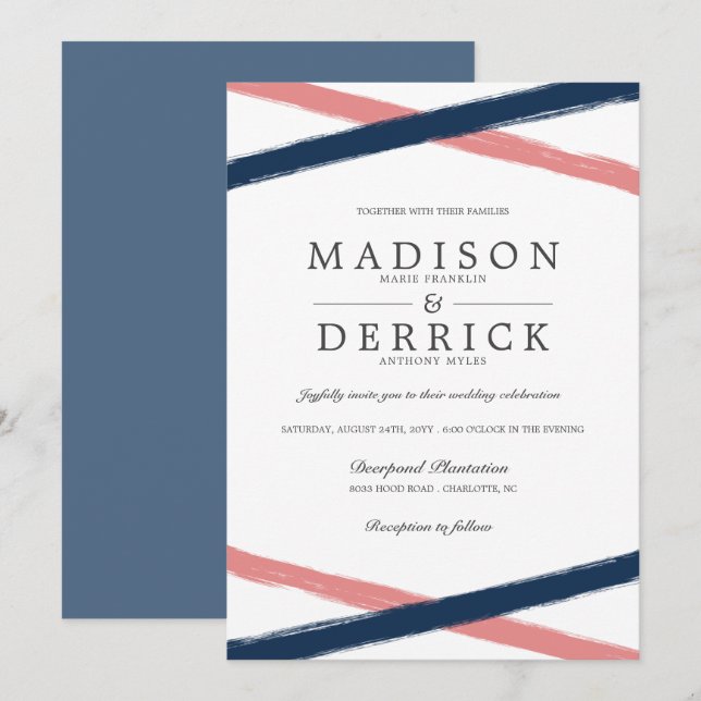 Modern Brush Strokes Wedding | Navy Coral Invitation (Front/Back)