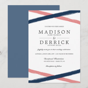 Modern Brush Strokes Wedding   Navy Coral Invitation