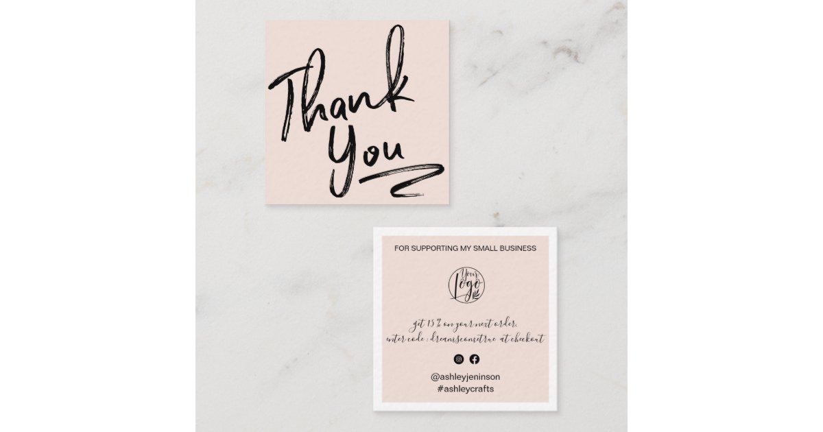 Modern brush thank you script order blush pink square business card ...