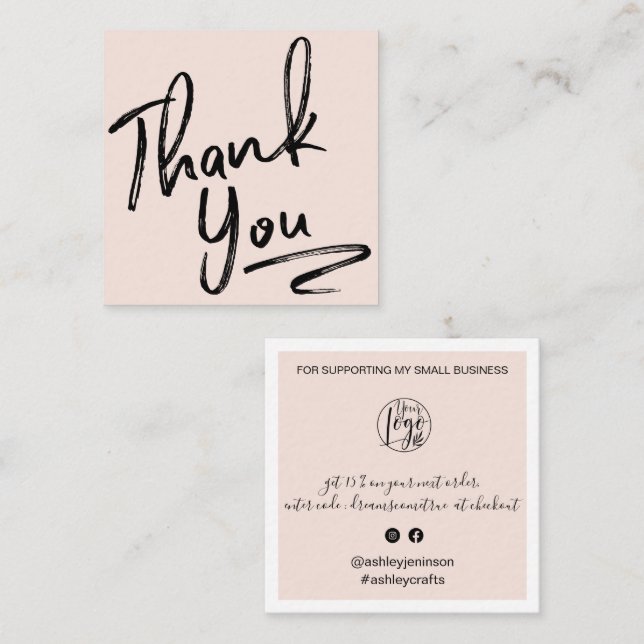 Modern brush thank you script order blush pink square business card (Front/Back)