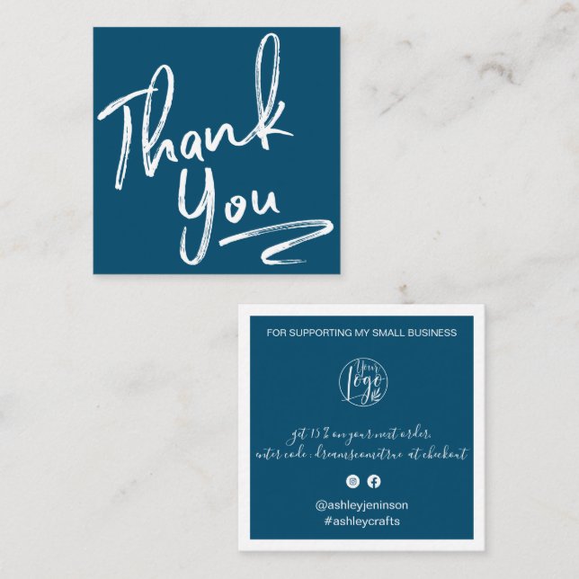 Modern brush thank you script order navy blue square business card (Front/Back)