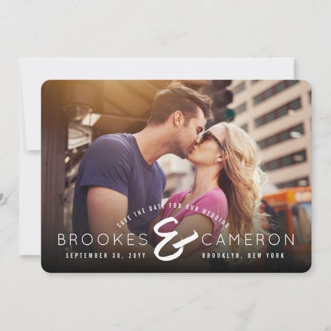 Modern Brushed Ampersand Photo Save The Date (Front)