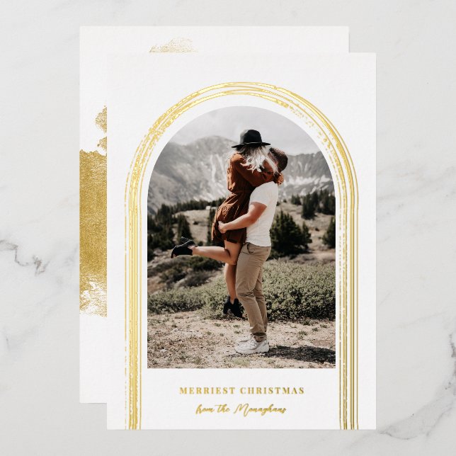Modern Brushed Arch Frame Photo Christmas   Foil Holiday Card (Front/Back)
