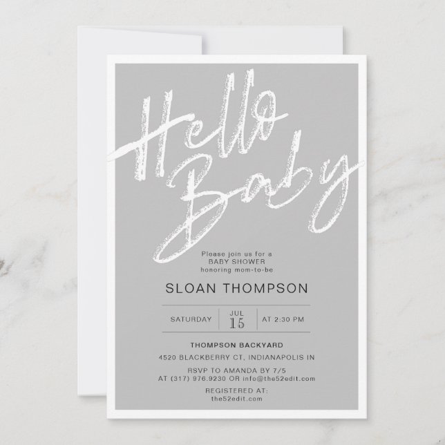 Modern Brushed Calligraphy Grey Baby Shower Invitation (Front)