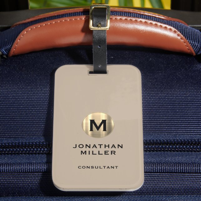Modern Brushed Gold Monogram Beige Luggage Tag (Front Insitu 2)