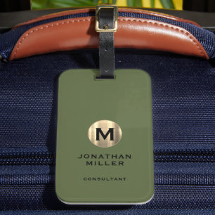 Modern Brushed Gold Monogram Olive Green Luggage Tag