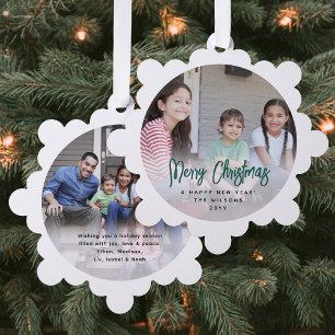 Modern Brushed Green Script Merry Christmas Photo Tree Decoration Card