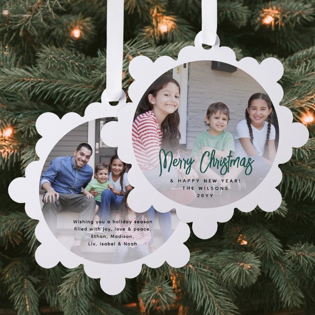 Modern Brushed Green Script Merry Christmas Photo Tree Decoration Card (Creator Uploaded)