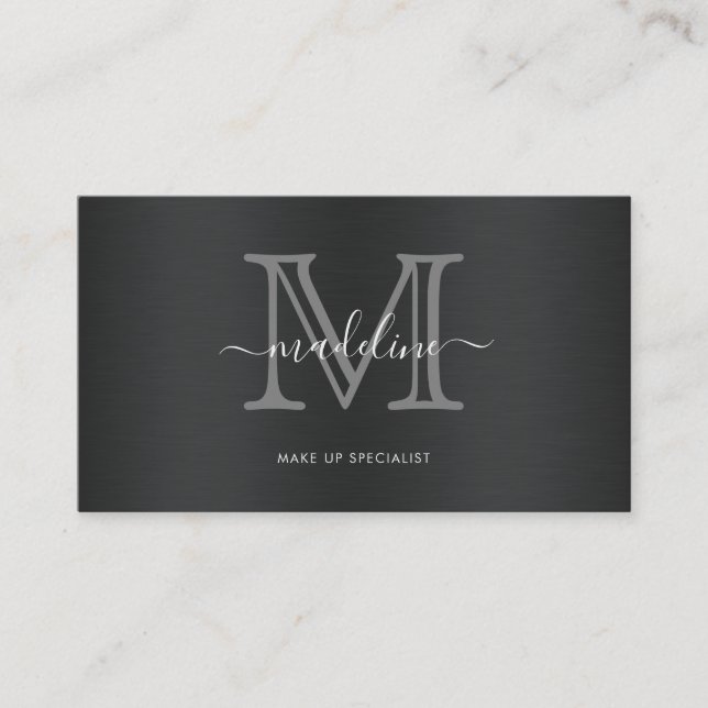 Modern Brushed Metal Black Grey Script Monogram Business Card (Front)