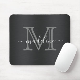 Modern Brushed Metal Black Grey Script Monogram Mouse Mat
