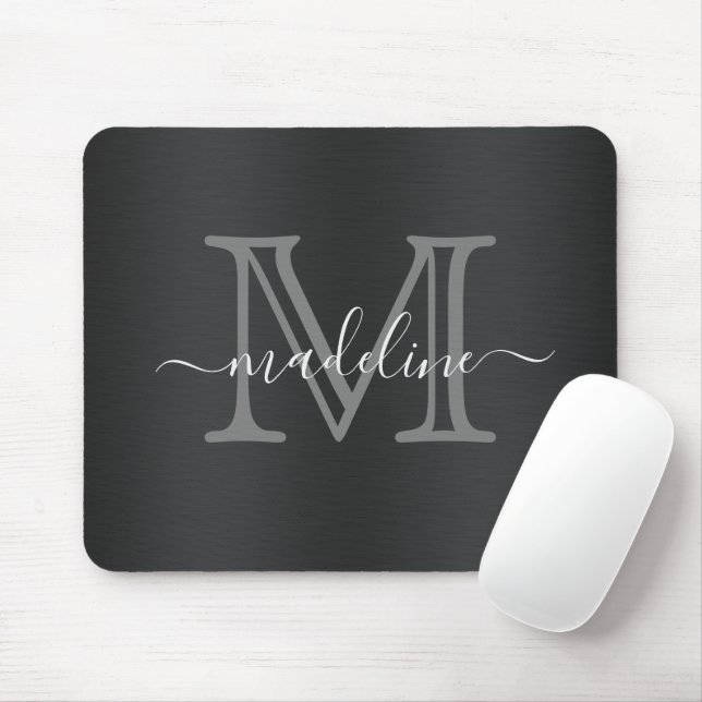 Modern Brushed Metal Black Grey Script Monogram Mouse Mat (With Mouse)