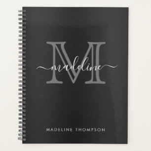 Modern Brushed Metal Black Grey Script Monogram Planner