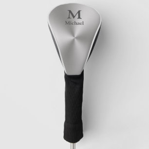 Modern Brushed Metal Look Grey Monogram & Name Golf Head Cover