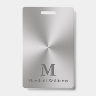 Modern Brushed Metal Look Grey Name Text Monogram ID Badge