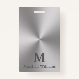 Modern Brushed Metal Look Grey Name Text Monogram ID Badge