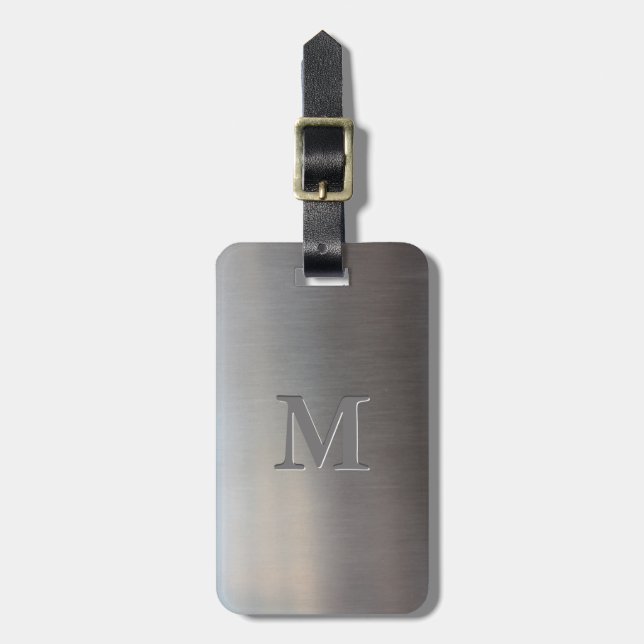 Modern Brushed Metal Look Monogram Luggage Tag (Front Vertical)
