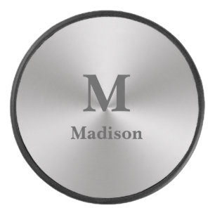 Modern Brushed Metal Look Name & Monogram Hockey Puck