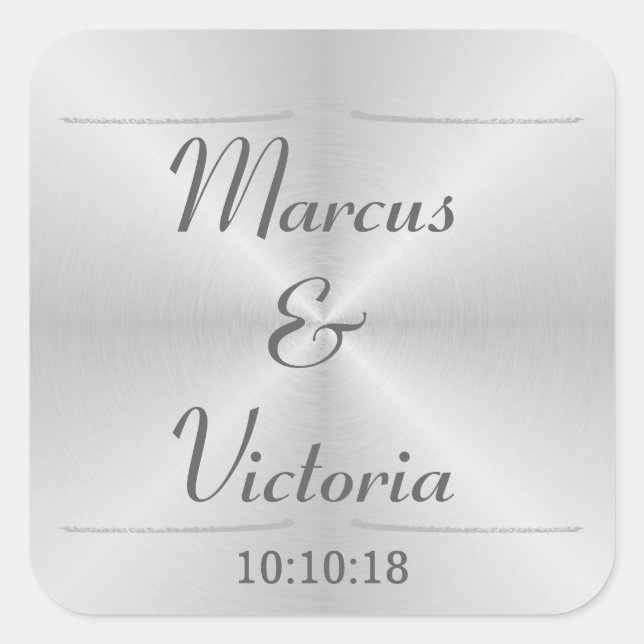 Modern Brushed Metal Wedding Square Sticker (Front)