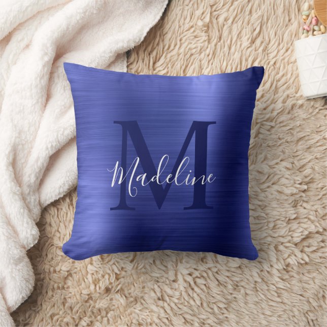 Modern Brushed Metallic Blue Script Monogram Cushion (Blanket)