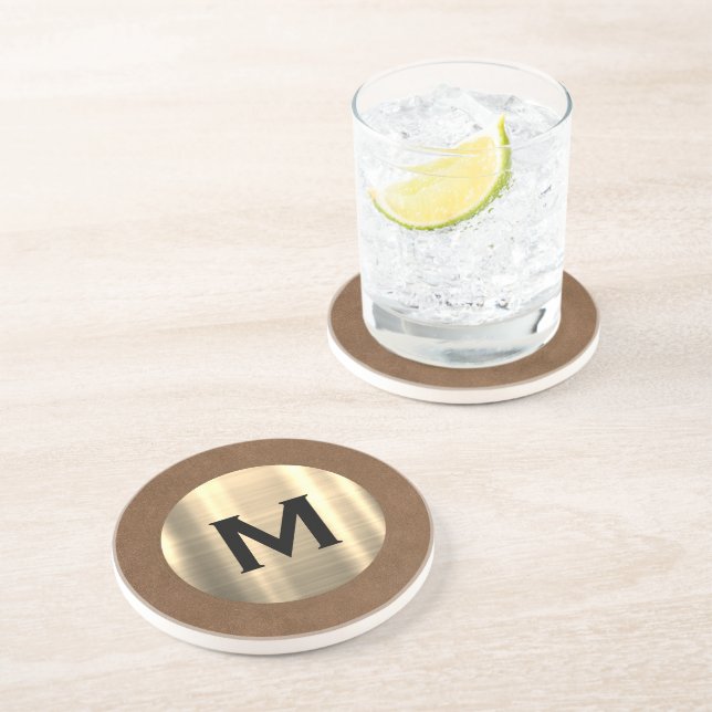 Modern Brushed Metallic Gold Monogram Coaster (Side)