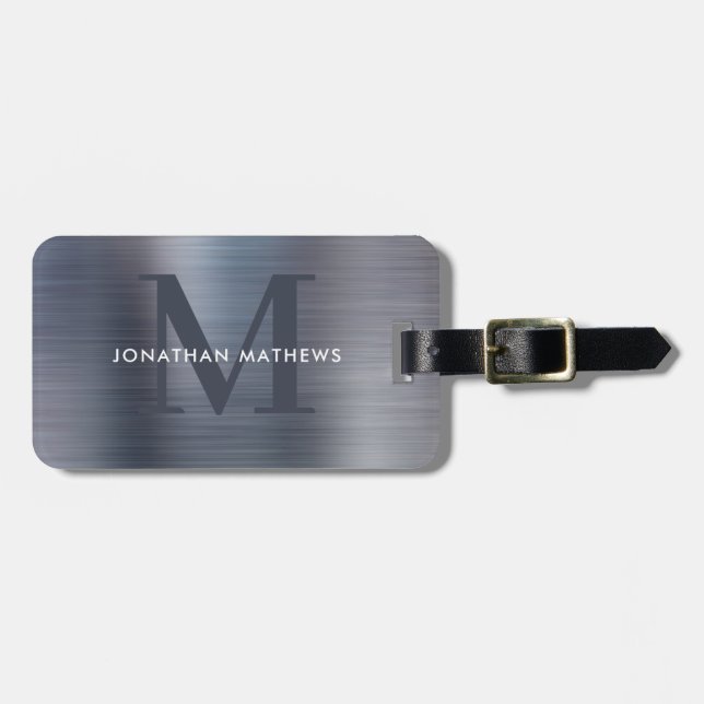 Modern Brushed Metallic Grey Monogram Luggage Tag (Front Horizontal)