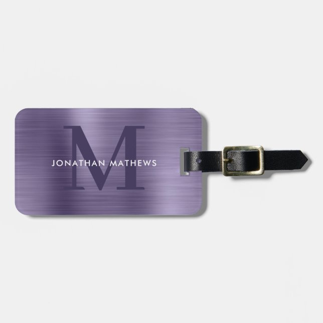 Modern Brushed Metallic Lavender Monogram Luggage Tag (Front Horizontal)