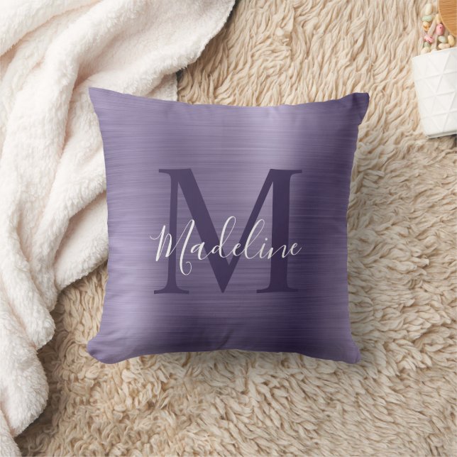 Modern Brushed Metallic Purple Monogram Cushion (Blanket)