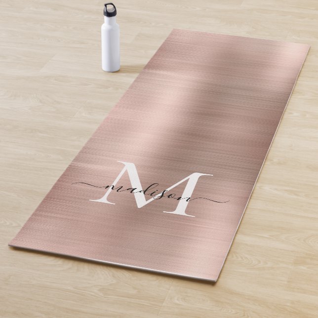 Modern Brushed Metallic Rose Gold Monogram Script Yoga Mat (In Situ)