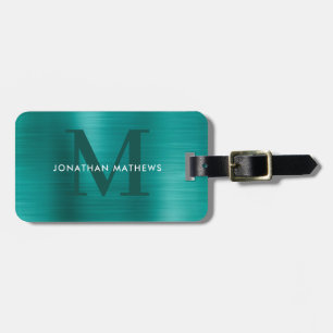 Modern Brushed Metallic Teal Monogram Luggage Tag