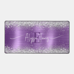 Modern Brushed Purple Foil Faux Silver Glitter Desk Mat