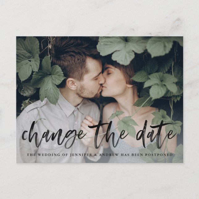 Modern Brushed Script Photo Change the Date Announcement Postcard (Front)