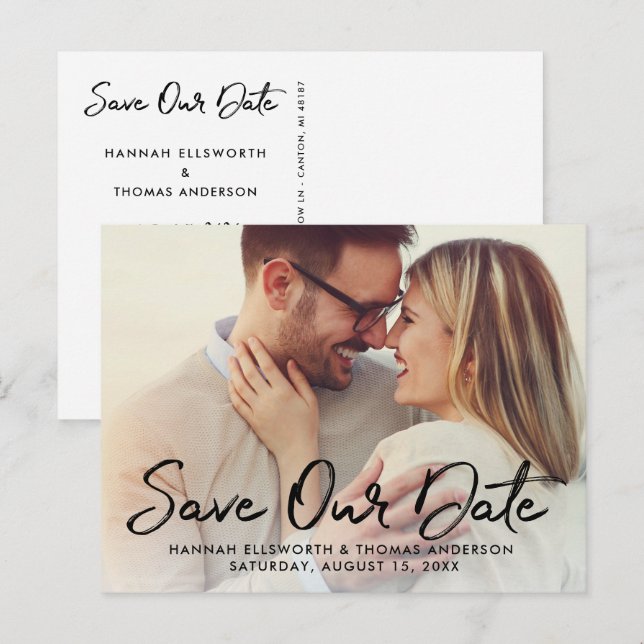 Modern Brushed Script Wedding Photo Save Our Date Announcement Postcard (Front/Back)