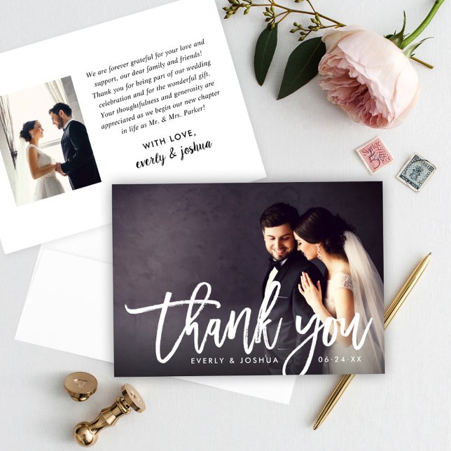 Modern Brushed Script Wedding Photo Thank You Card (Creator Uploaded)