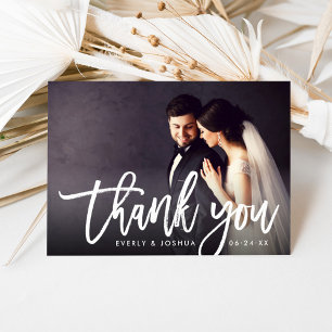Modern Brushed Script Wedding Photo Thank You Card