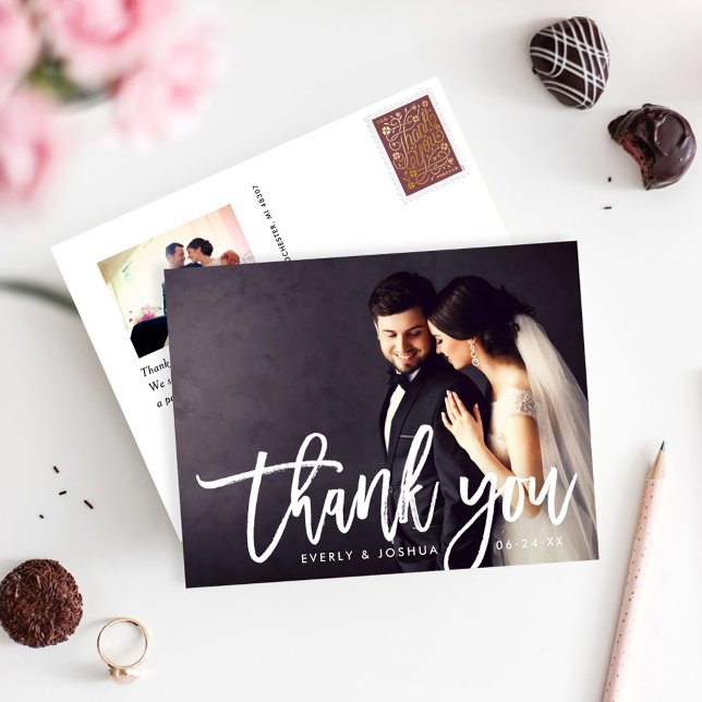 Modern Brushed Script Wedding Photo Thank You Postcard (Creator Uploaded)