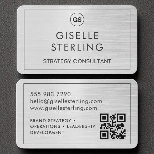 Modern Brushed Silver Monogram QR Code Business Card