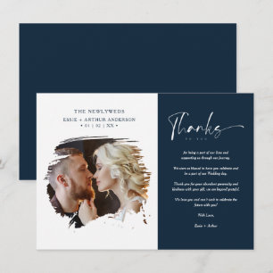 Modern Brushstoke Photo Newlyweds Couple Wedding  Thank You Card