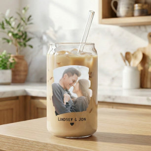 Modern Brushstroke Couple Photo & Name Iced Coffee Can Glass