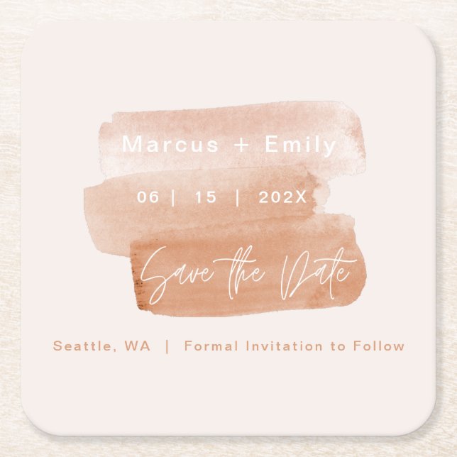 Modern Brushstroke Minimalist Save The Date Square Paper Coaster (Front)