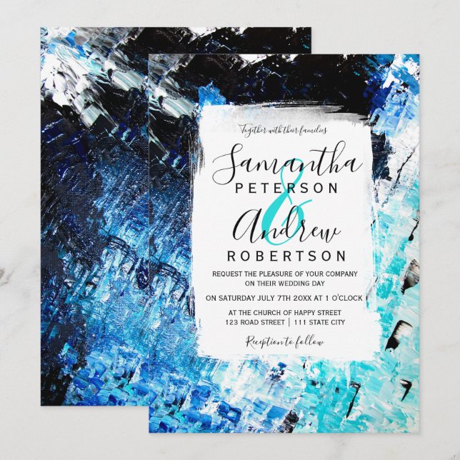 Modern brushstroke navy blue acrylic beach wedding invitation (Front/Back)