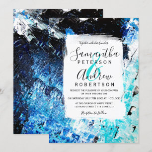 Modern brushstroke navy blue acrylic beach wedding invitation