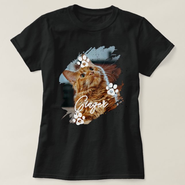 Modern Brushstroke Pet Cat Photo & Name T-Shirt (Design Front)
