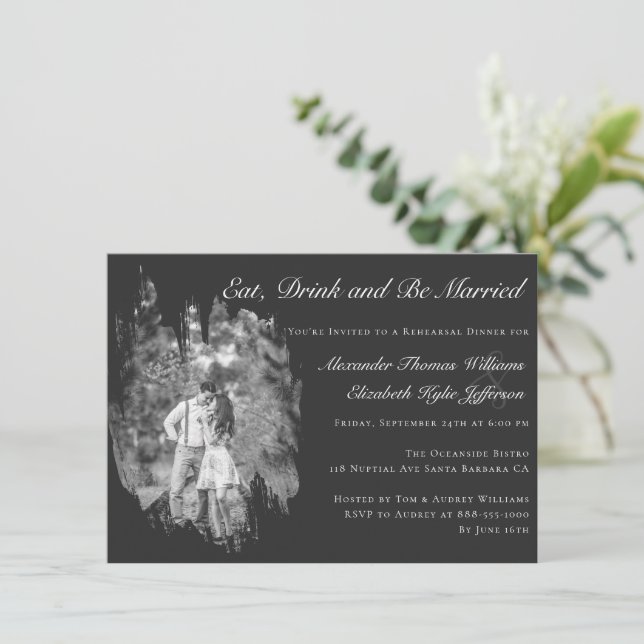 Modern Brushstroke Photo Black Rehearsal Dinner  Invitation (Standing Front)