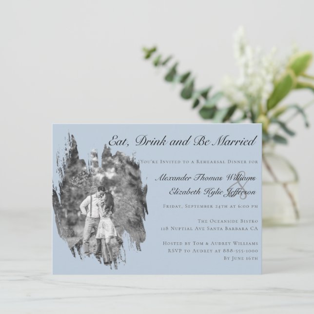 Modern Brushstroke Photo Blue Rehearsal Dinner  Invitation (Standing Front)