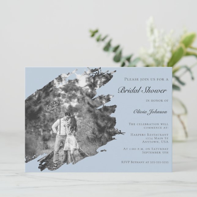 Modern Brushstroke Photo Bridal Shower Blue Invitation (Standing Front)