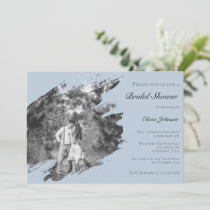 Modern Brushstroke Photo Bridal Shower Blue Invitation